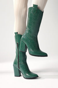 Keri Green Crocodile Asymmetric Cut Heeled Ankle Boot
