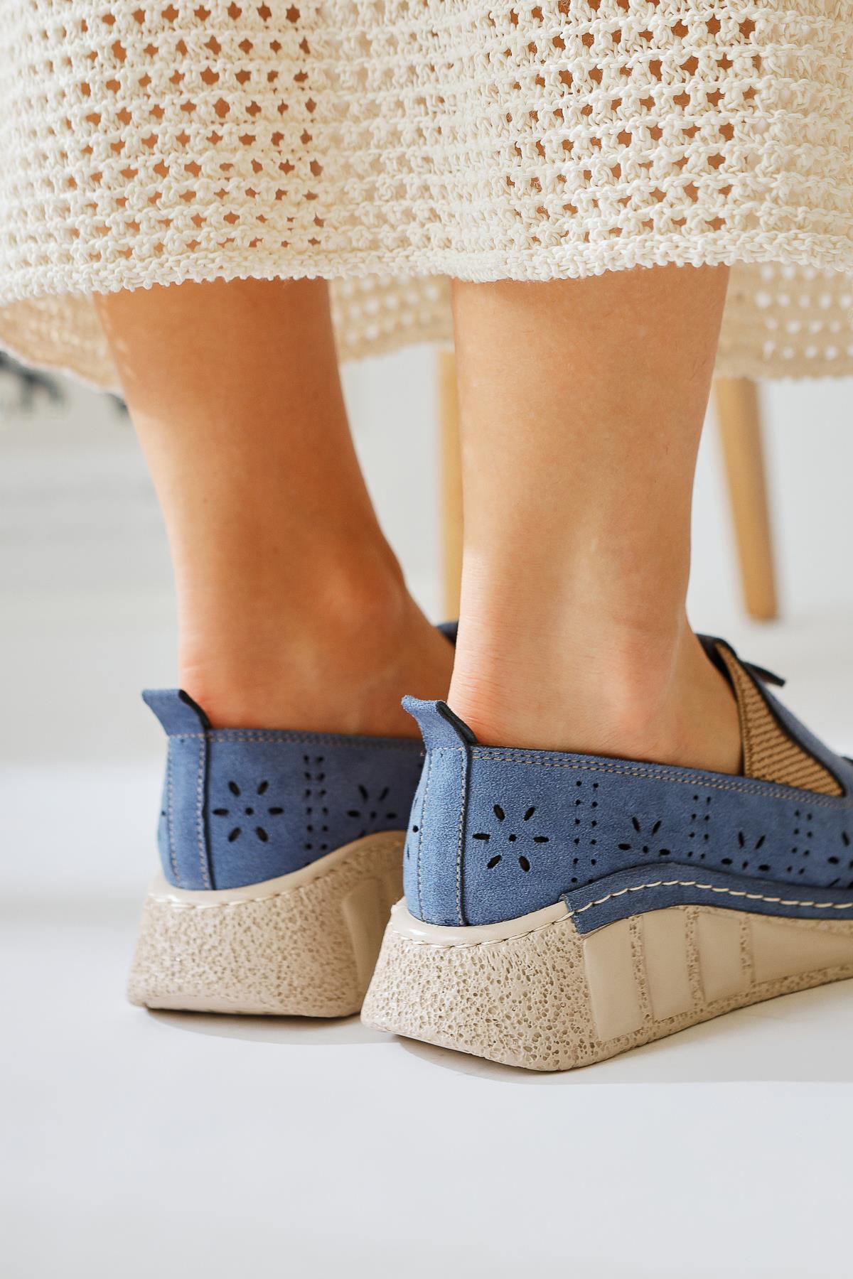 Bethina Blue Suede Studded Laser Cut Flat