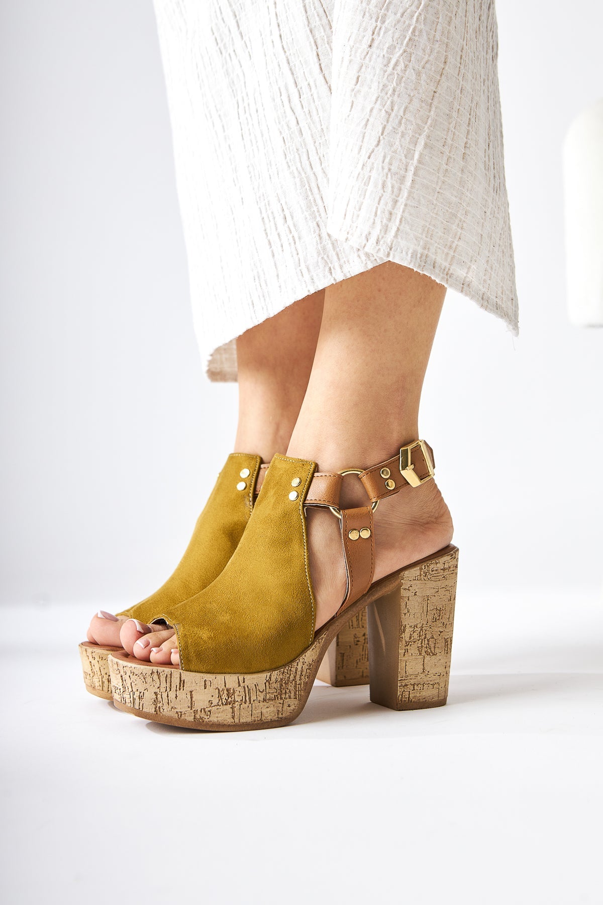 Hadel Green Suede Belted Platform Heel Women's Sandals