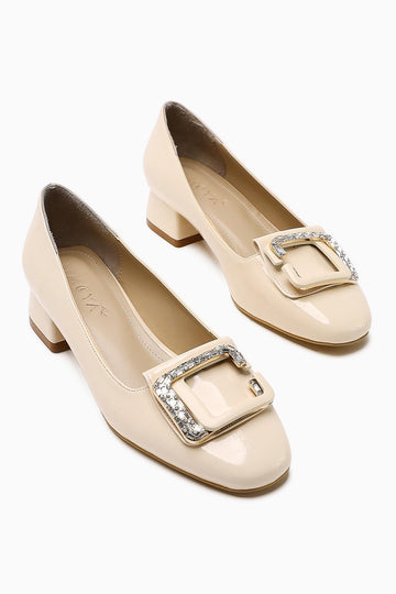 Roza – Beige Patent Stone-Embellished Low Heel Shoe (Women)