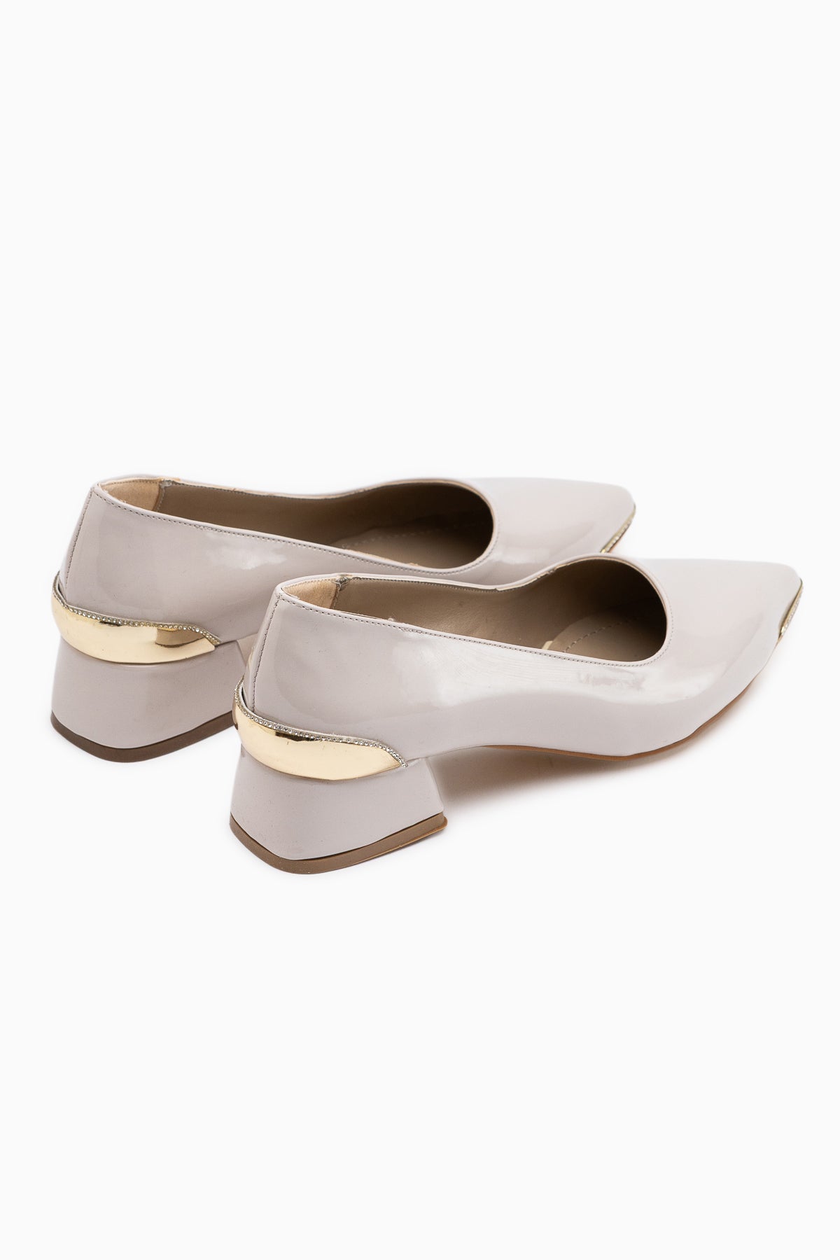 Alica Beige Patent Pointed Toe Short Heeled Women’s Shoes with Stone Details