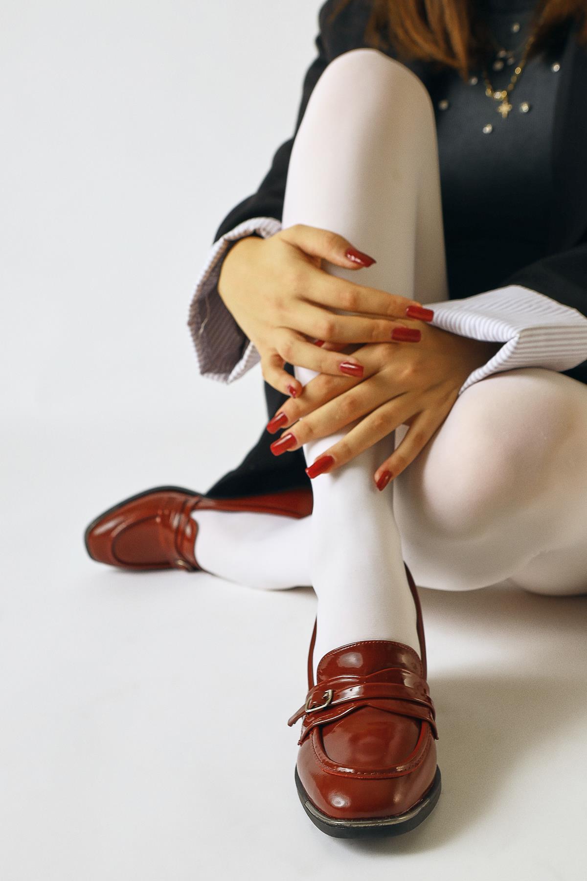 Luba Burgundy Patent Leather Buckle Detailed Low Heel Everyday Shoe