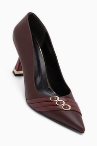 Lavina Burgundy Strap Gold Heeled Pointed Toe Stiletto