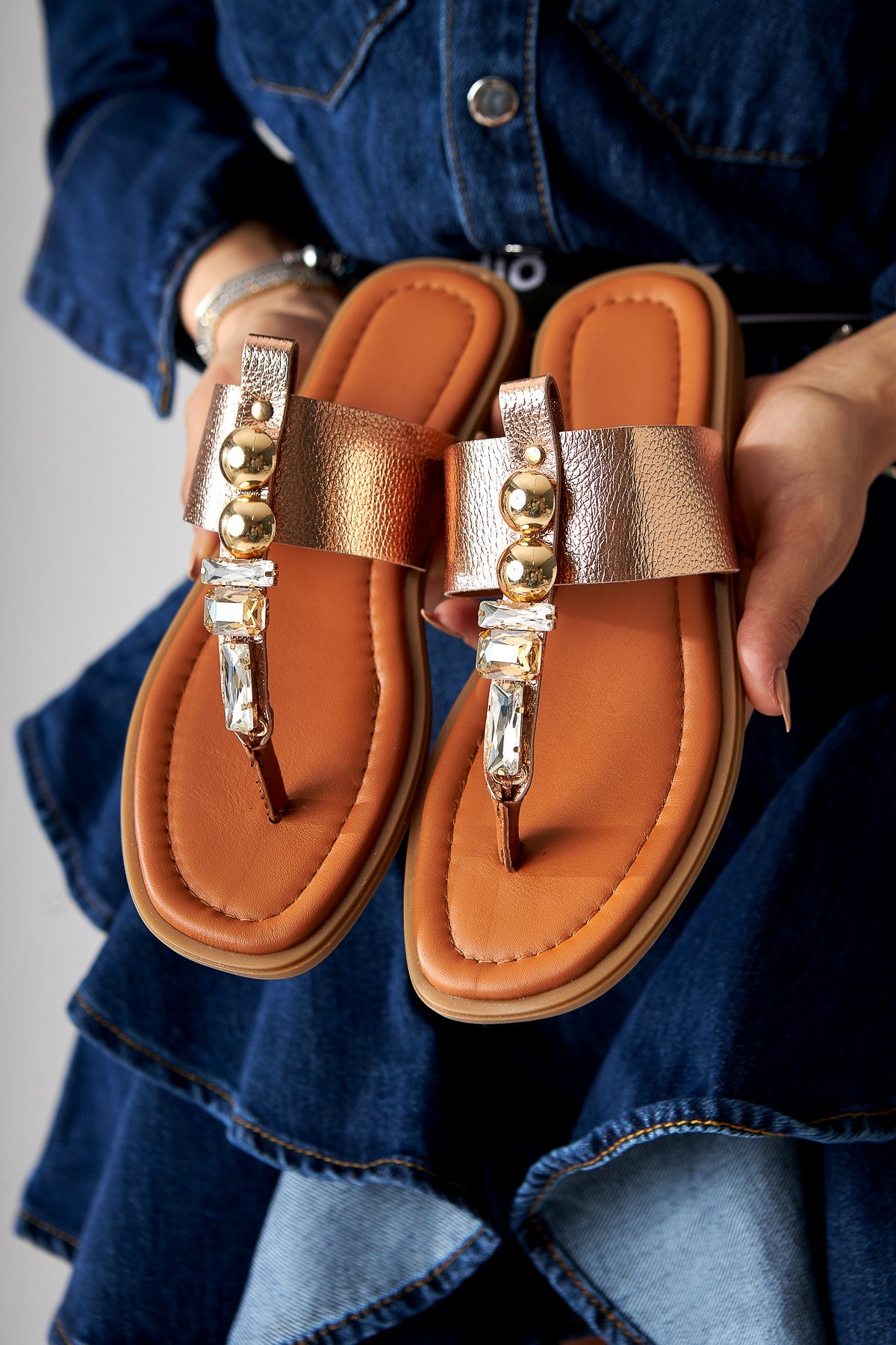 Petya Genuine Leather Taba Stone-Embellished Women's Flip Flops