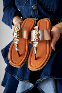 Petya Genuine Leather Taba Stone-Embellished Women's Flip Flops