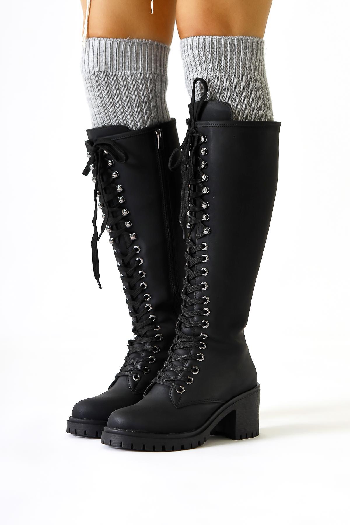 Bella Black Laced and Zippered Oval Toe Heeled Women's Boot