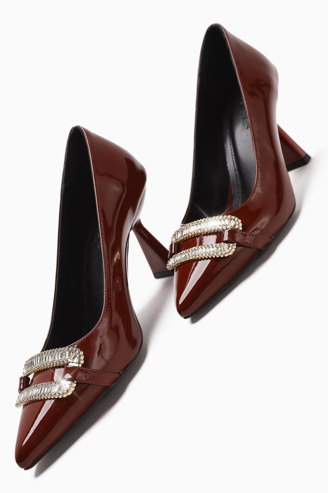 Ania Maroon Patent Leather Pointed Toe Heels with Jewel Buckle Detail