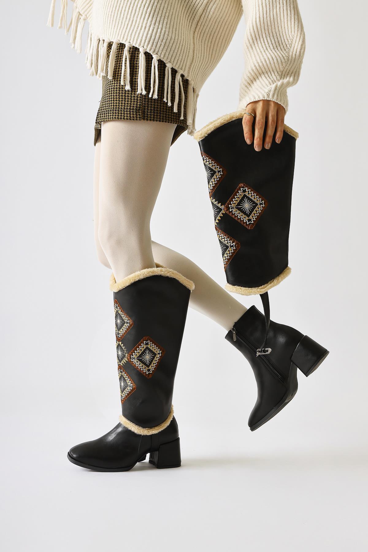 Hilka Black Removable Shaft with Ethnic Pattern Boots
