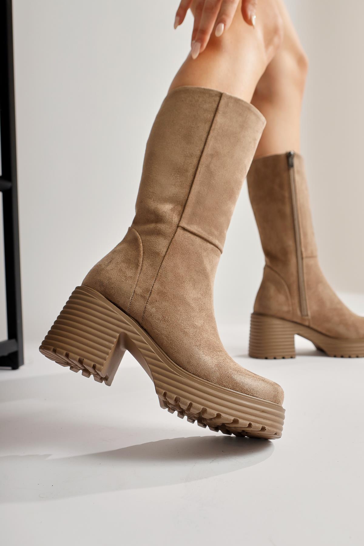 Roseann – Taupe Suede Thick-Sole Platform Tall Boot (Women)
