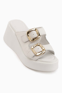 Luna Genuine Leather White Double Strap Platform Women’s Slippers