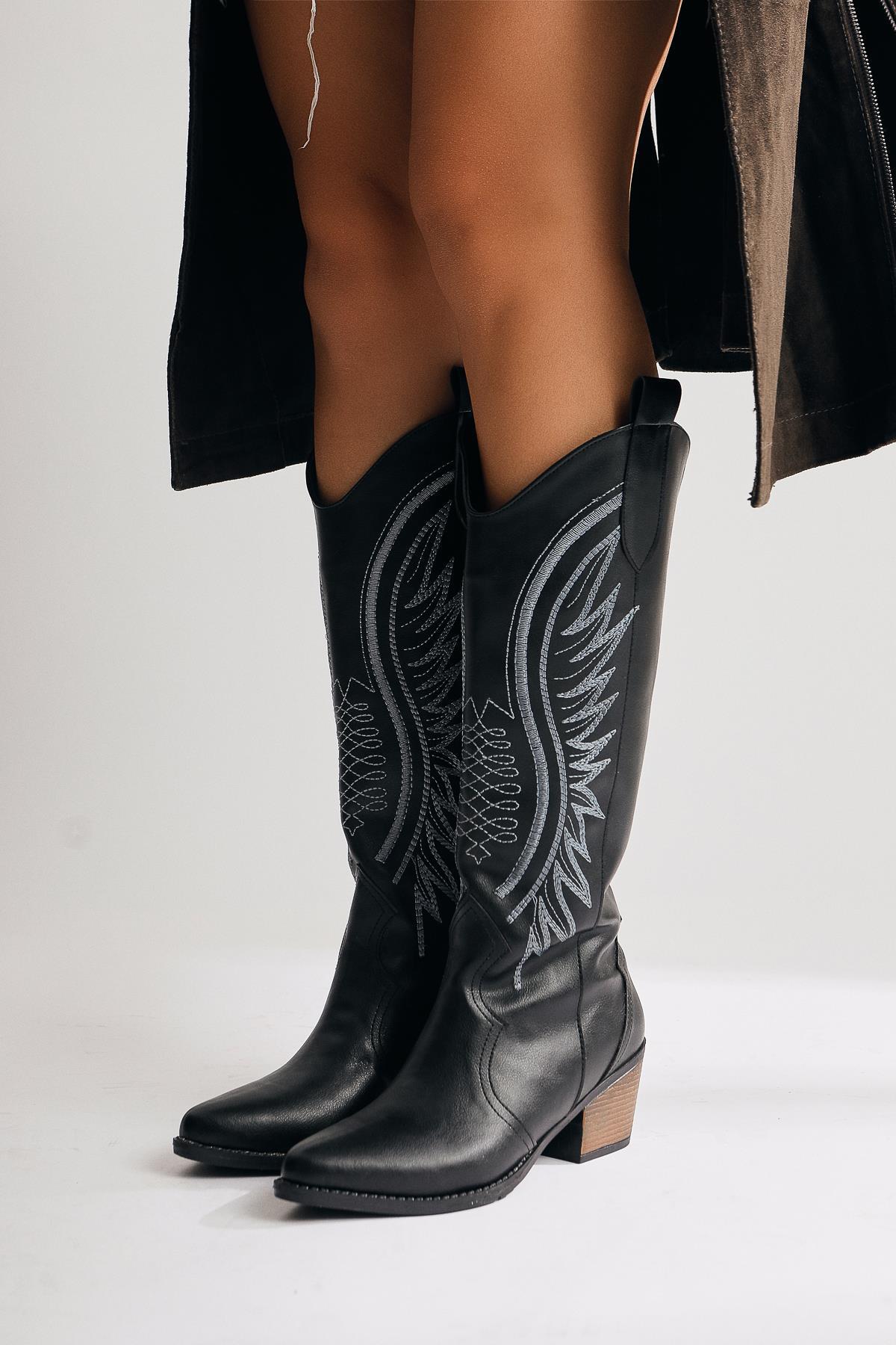 Hero Black Embroidered Cowboy Boot