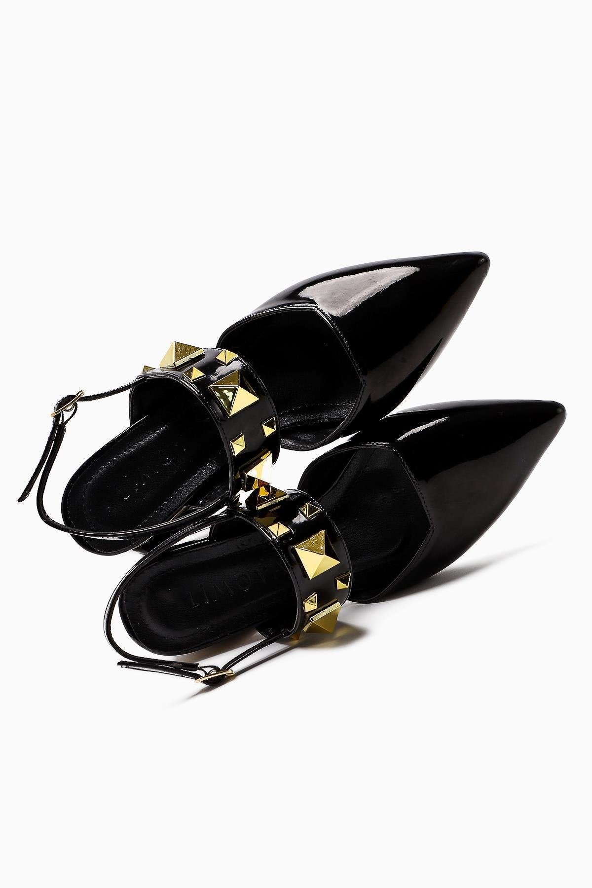 Nicoline Black Patent Pointed Toe Pyramid Studded Thick Strap Short Heeled Women’s Shoes
