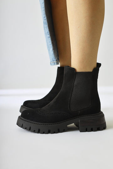 Leyah – Black Suede Laser-Cut Elastic Boot (Women)