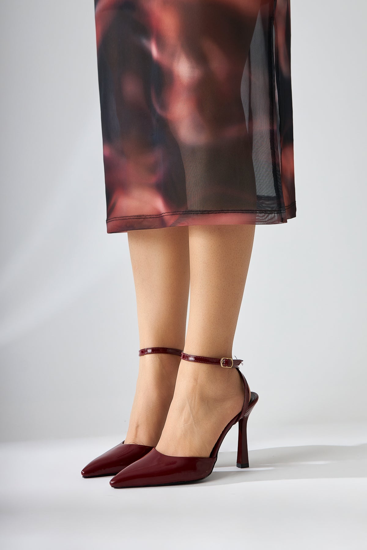 Lizbeth Burgundy Patent Closed-Toe Ankle-Tie Women's High Heels