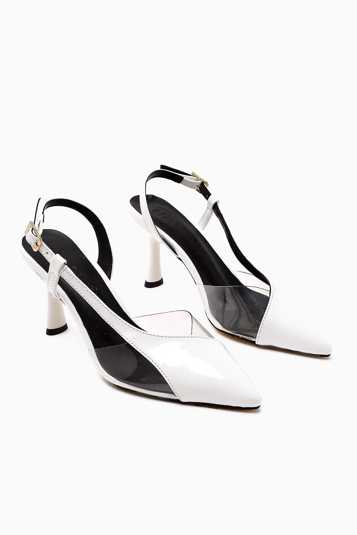 Aliah White Patent Leather Pointed Toe Pumps with Transparent Detail