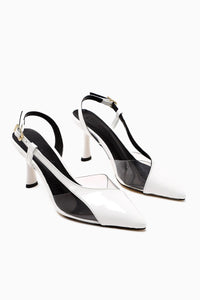 Aliah White Patent Leather Pointed Toe Pumps with Transparent Detail