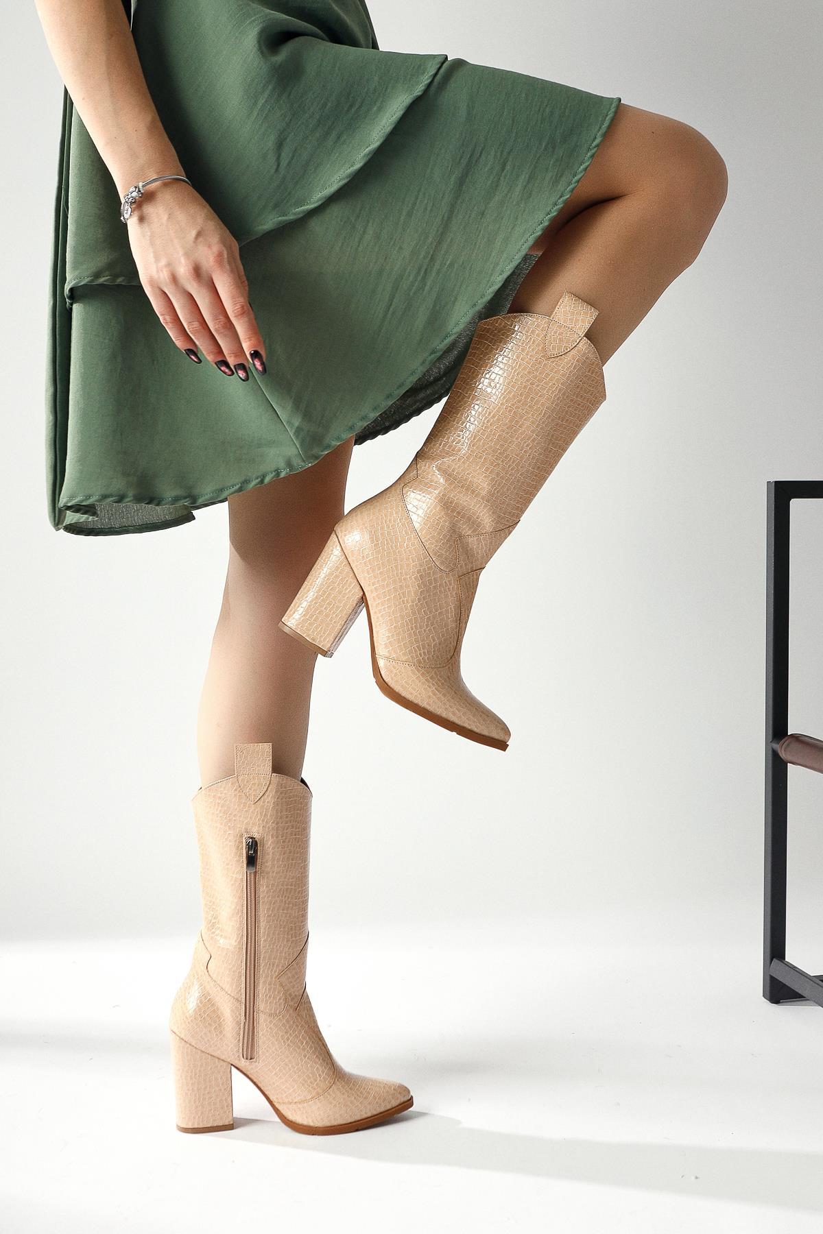 Keri – Beige Croc-Embossed Asymmetric-Cut Heeled Knee-High Boot (Women)