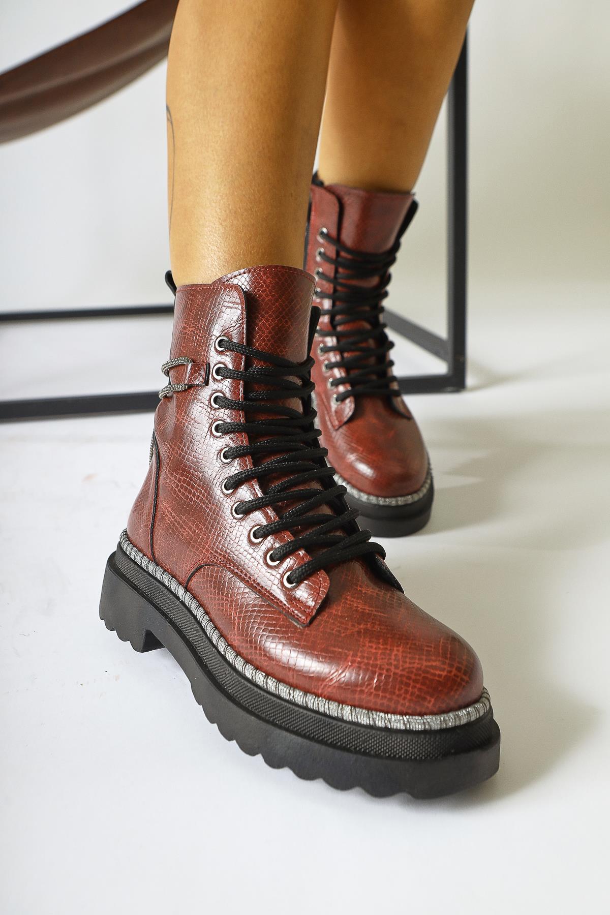 Dylan – Burgundy Shiny-Piped Ankle-Strap Combat Boot (Women)