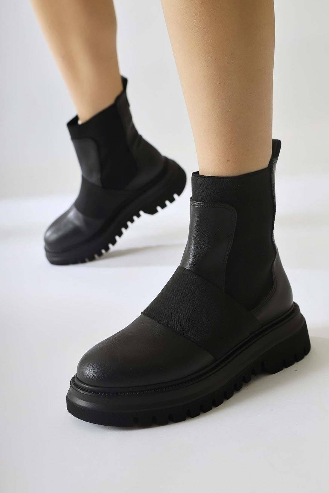 Millena – Black Suede Vegan Material Elastic Strap-Detail Pull-On Boot (Women)
