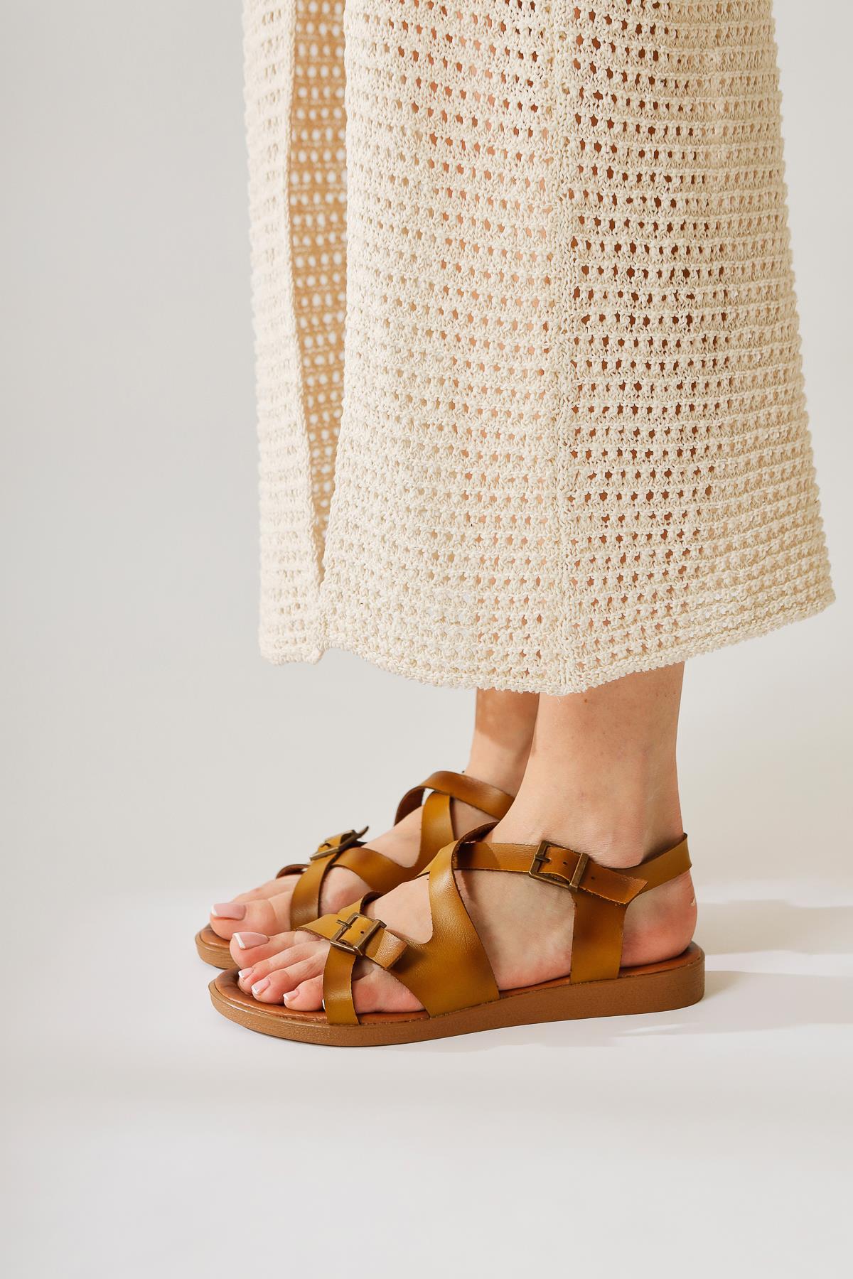 Belize Genuine Leather Mustard Cross-Strap Sandal