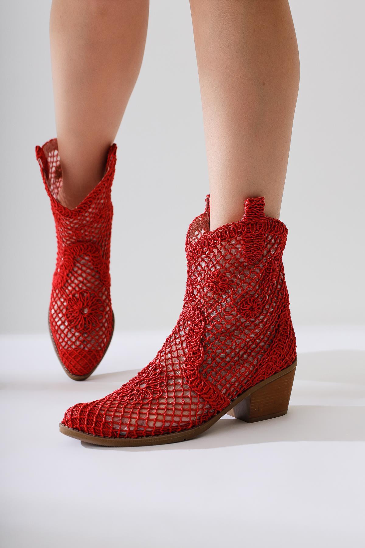 Tersa - Red Short-Shaft Woven Lace Floral-Detail Cowboy Summer Boot (Women)