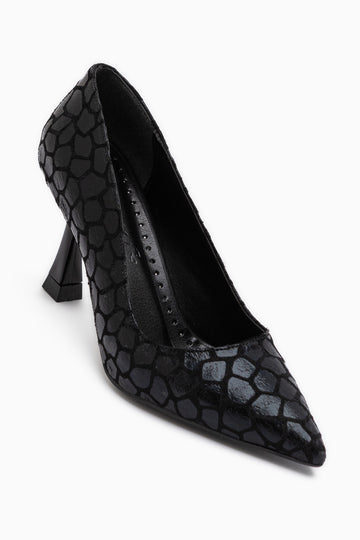 Celestine Black Fish Scale Textured Pointed Toe Stiletto