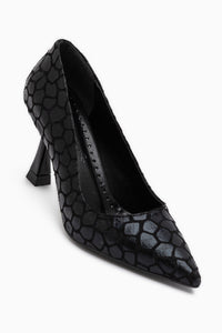 Celestine Black Fish Scale Textured Pointed Toe Stiletto