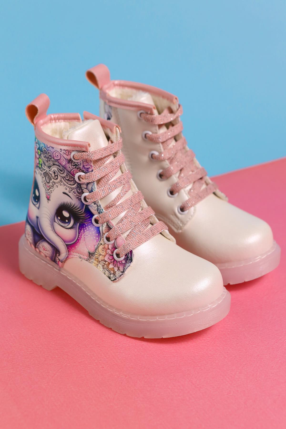 Lovise Mother of Pearl Cartoon Character Print Lace-Up Kids' Boots