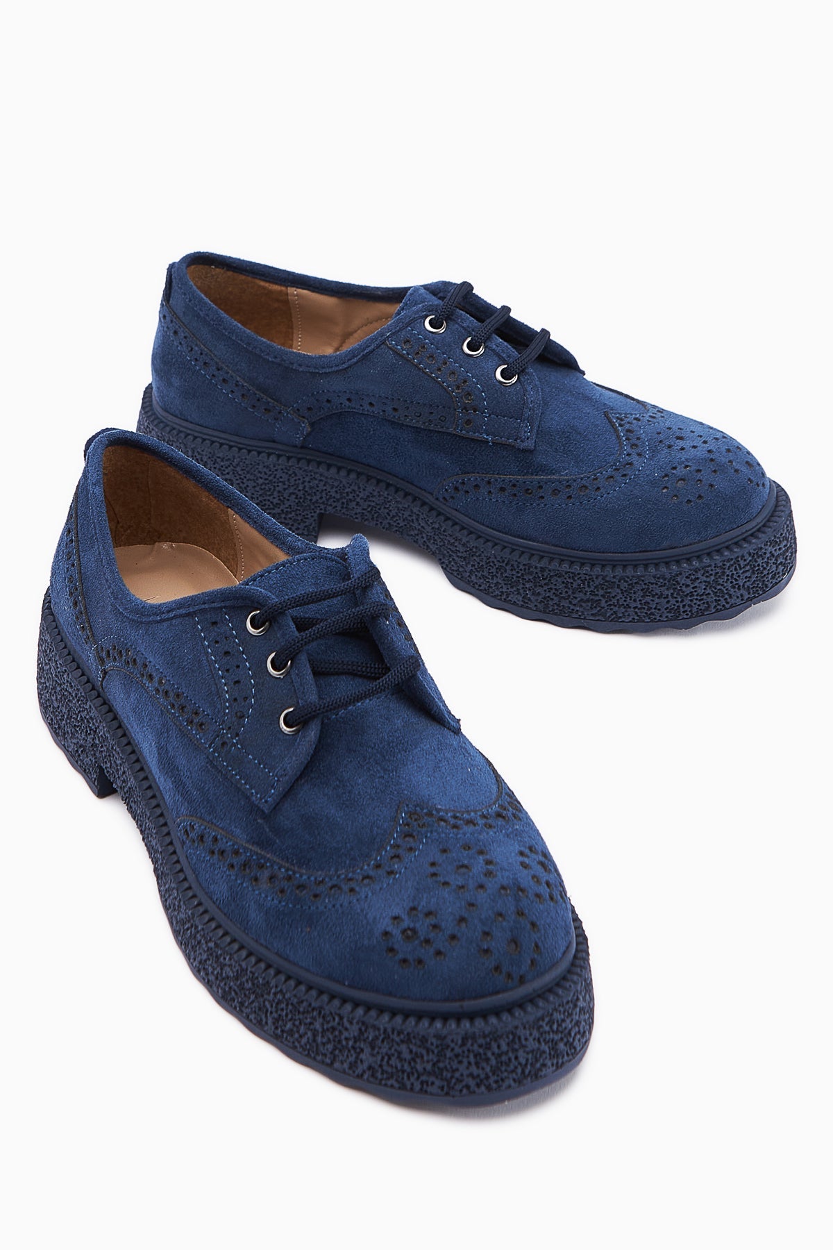 Rossy – Navy Suede Laser-Cut Oval-Toe Shoe (Women)