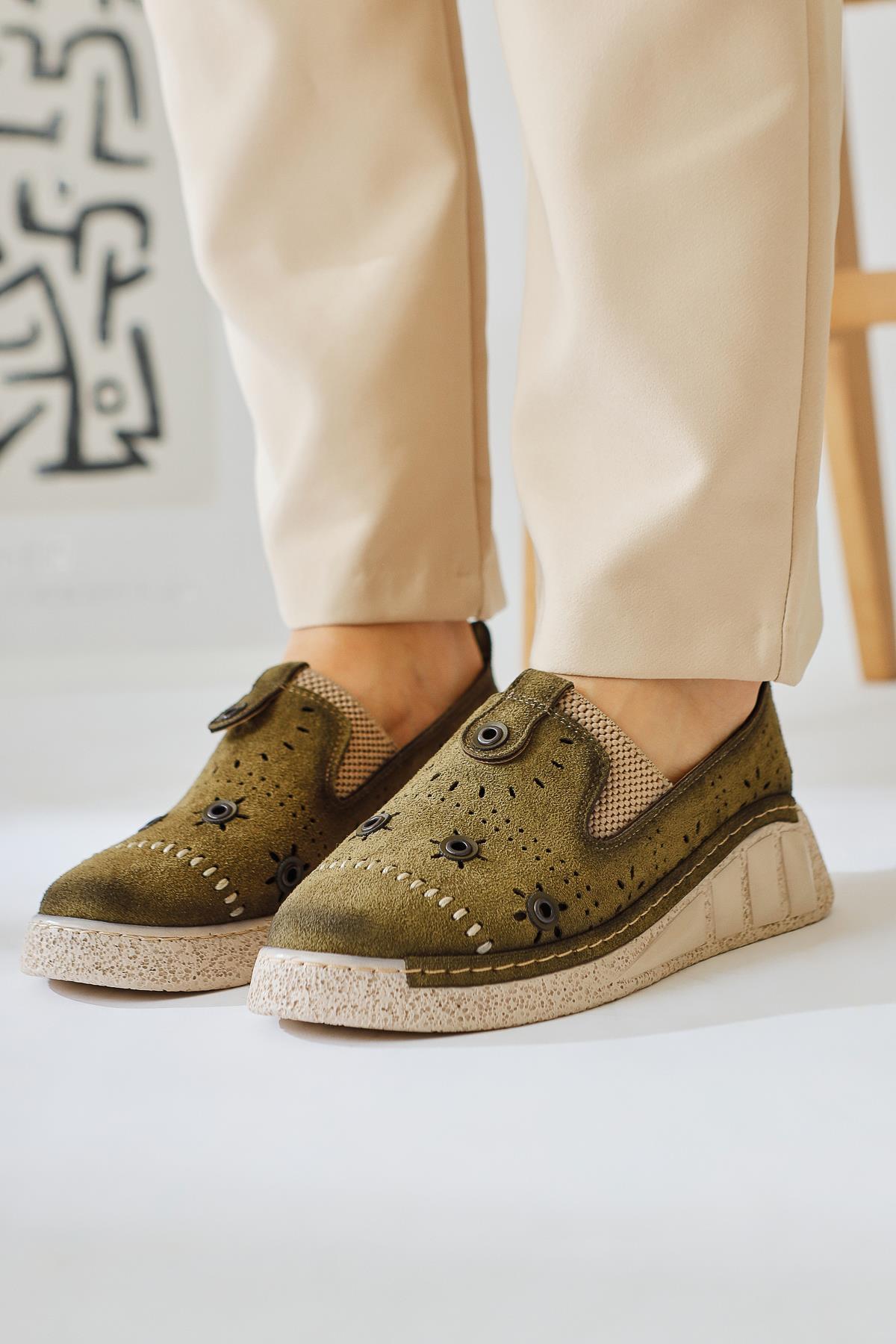 Bethina Olive Suede Flat with Rivet Details and Laser Cutouts