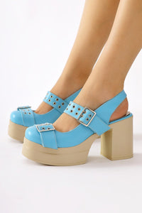 Marise – Blue Oval-Toe Platform Double-Strap Accessorized Shoe (Women)