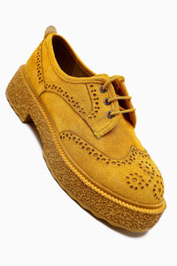 Rossy Mustard Suede Shoes with Oval Toe and Laser Cut Detail