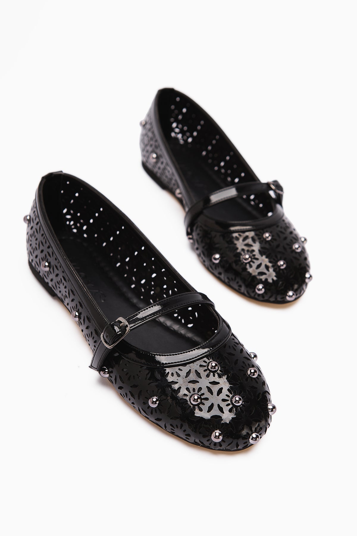 Jara Black Patent Leather Women's Ballet Flat with Ethnic Pattern and Perforated Design