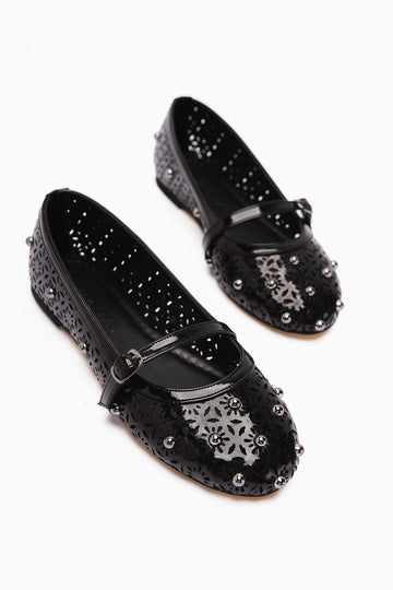 Jara Black Patent Leather Women's Ballet Flat with Ethnic Pattern and Perforated Design