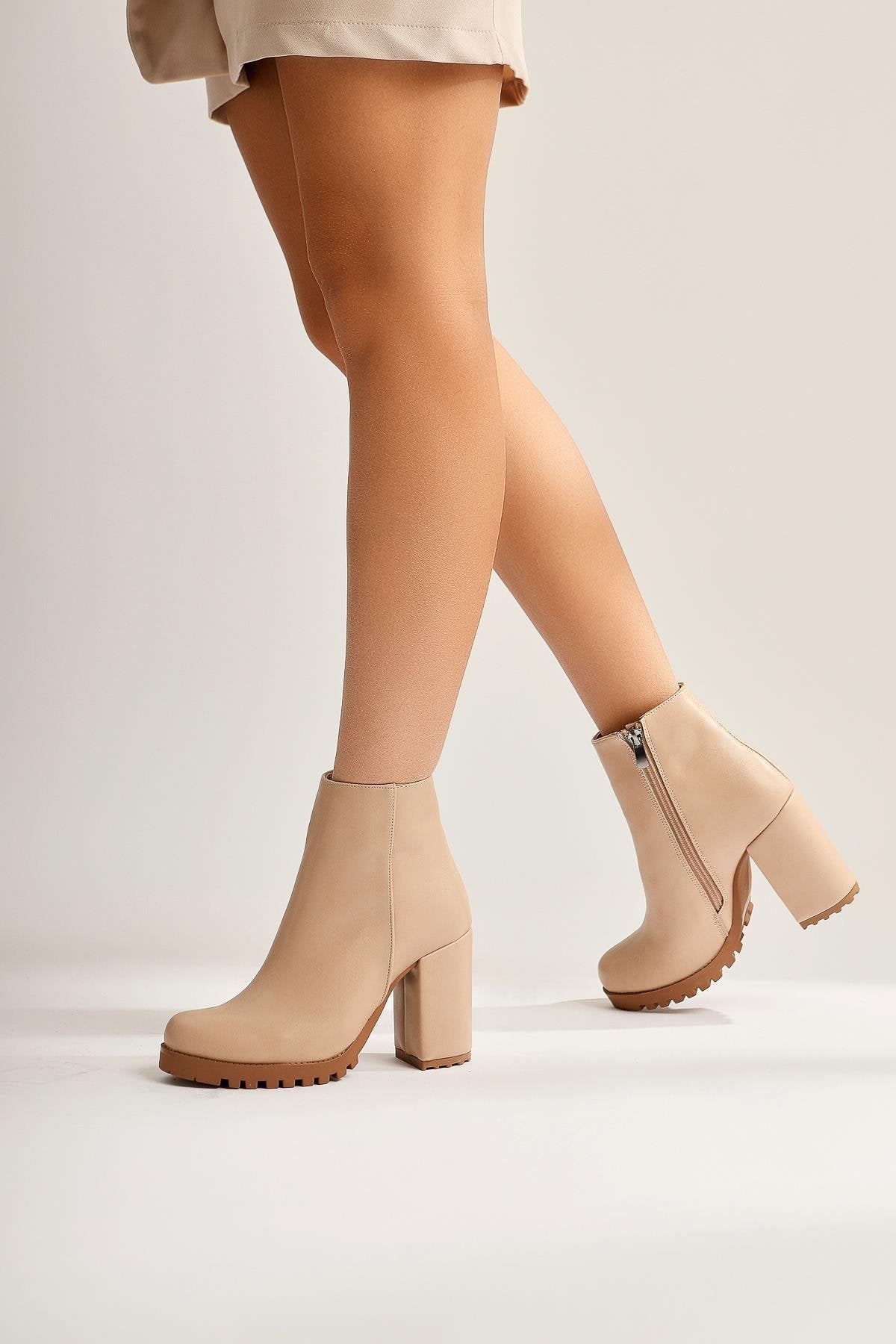 Bahiya – Nude Oval-Toe Zippered Heeled Boot