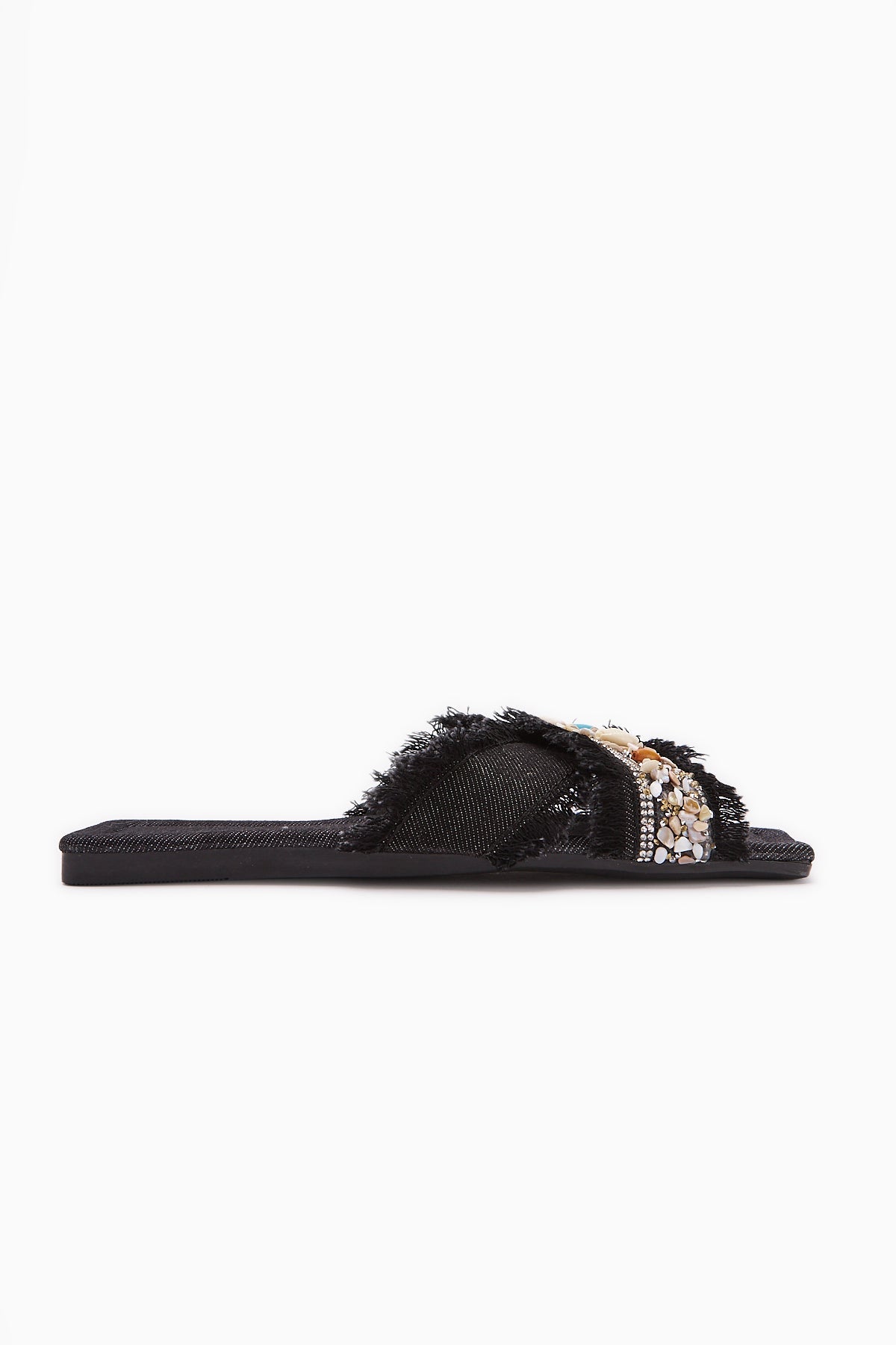 Felisa Black Stone and Sea Shell Embellished Bohemian Women's Slippers