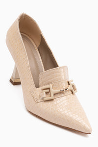 Stiliani Beige Crocodile Print Leather Buckle Detailed Women’s Heeled Shoes