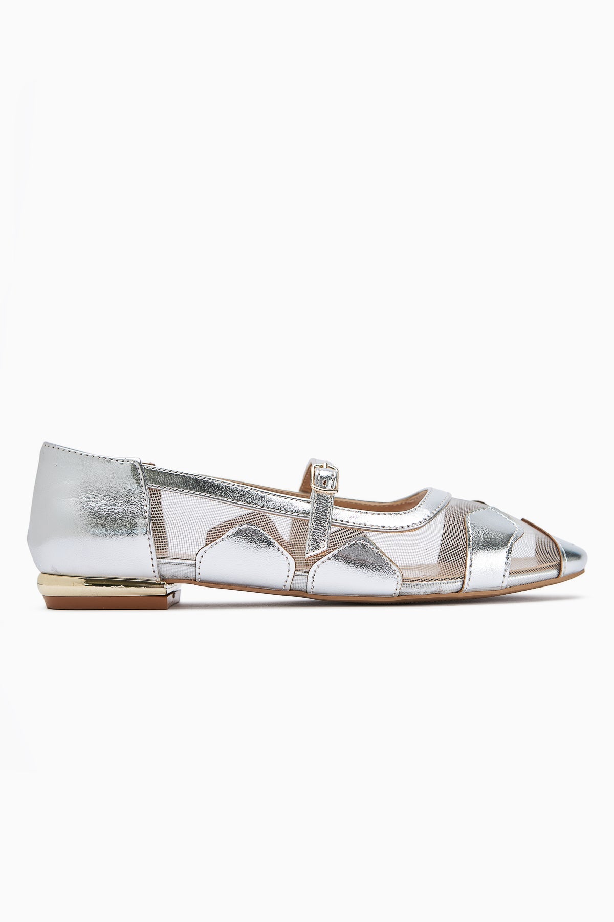Diora Silver Tulle Detail Buckled Women's Ballet Flat