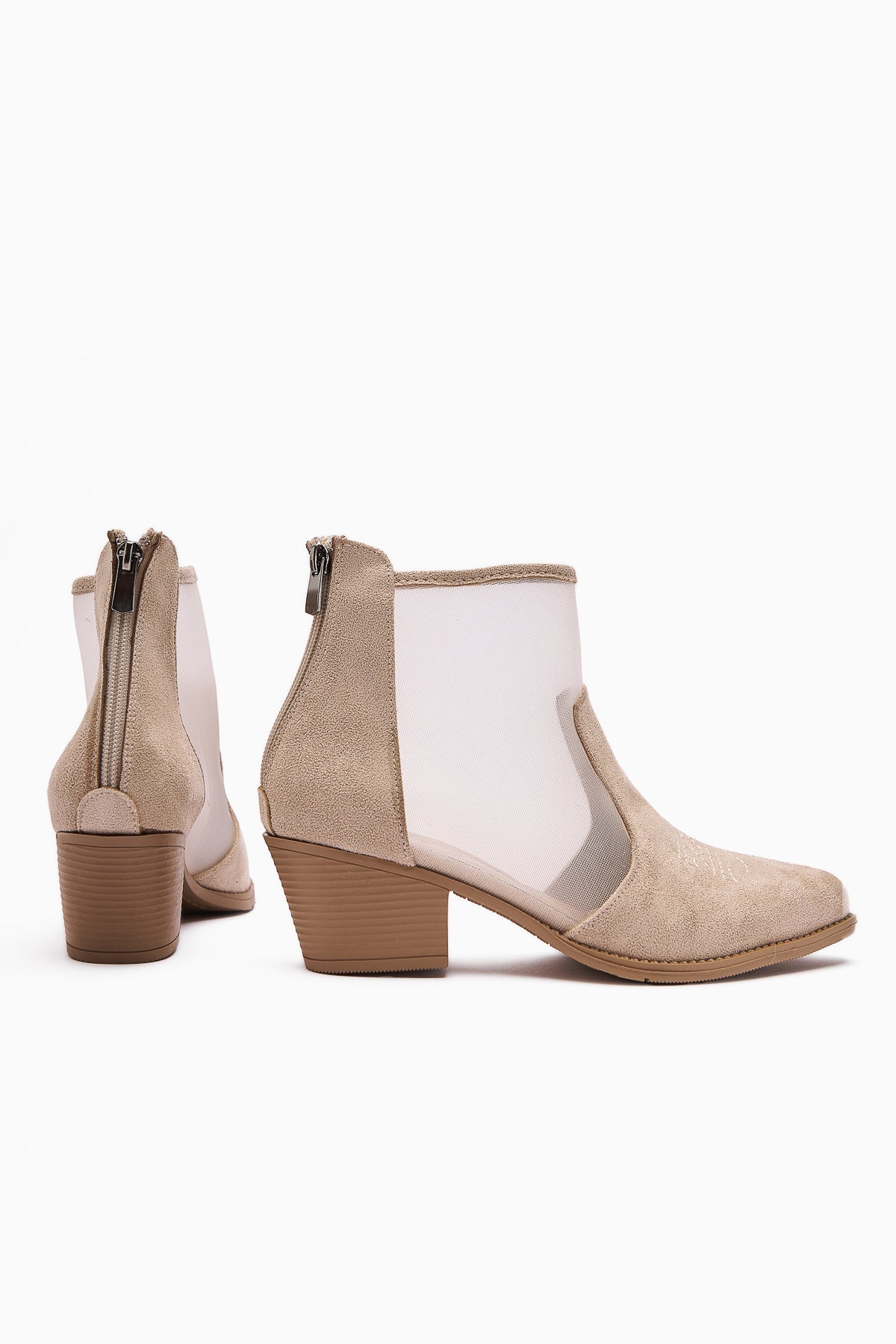 Mari Beige Suede Embroidered Chunky Heel Women's Western Summer Boot