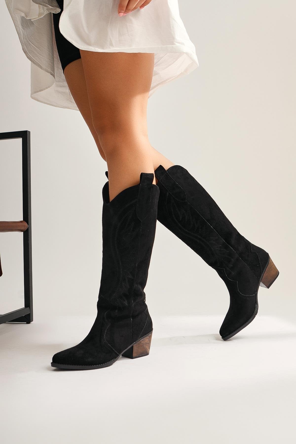 Hero Black Suede Embroidered Cowboy Boot