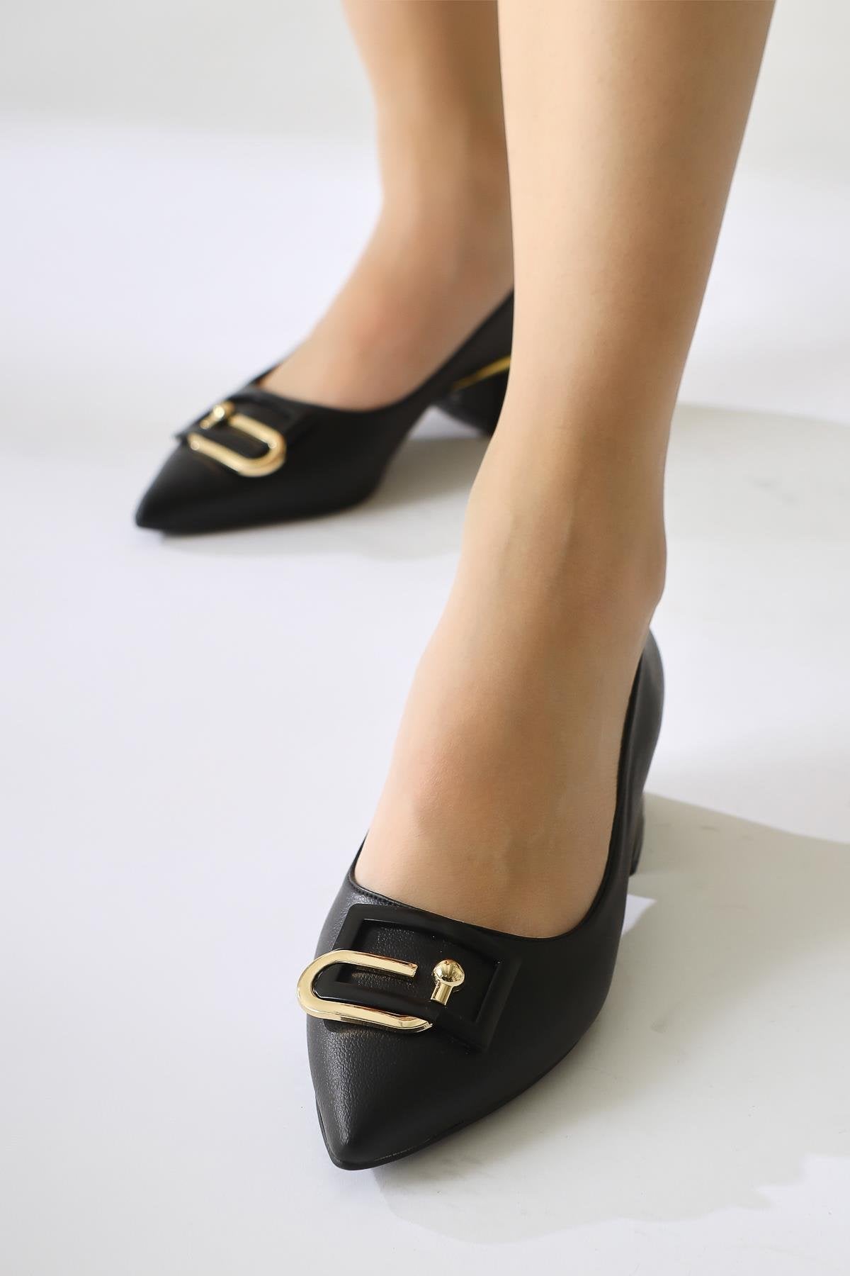 Briana Black Pointed Toe Buckle Detailed Women’s Daily Heeled Shoes