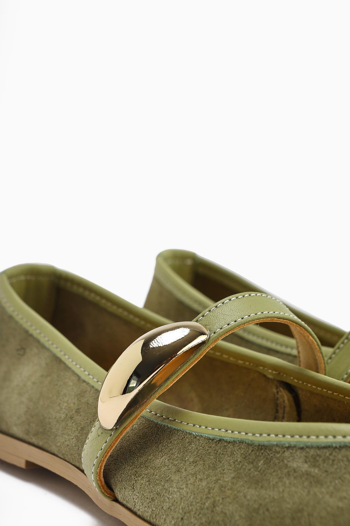 Aliana – Genuine Leather Olive Suede Buckle-Detail Ballet Flat (Women)