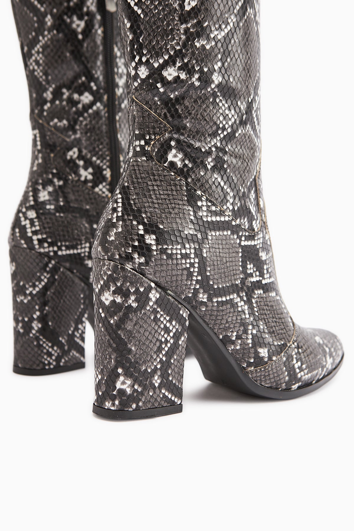 Keri Black Snake Pattern Asymmetrical Cut Women’s Short Heeled Boots