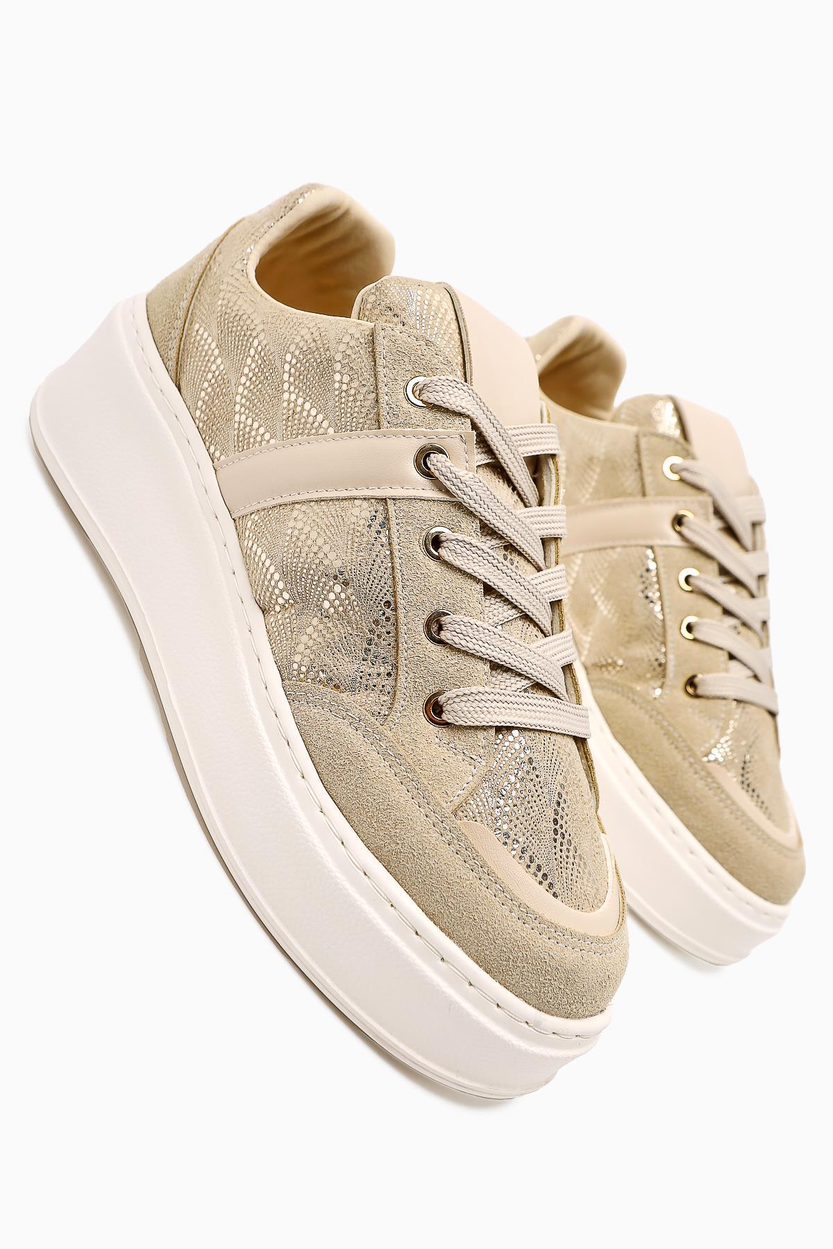 Julissa – Beige Suede Vegan Material Shiny-Patterned Thick Sole Sneaker (Women)