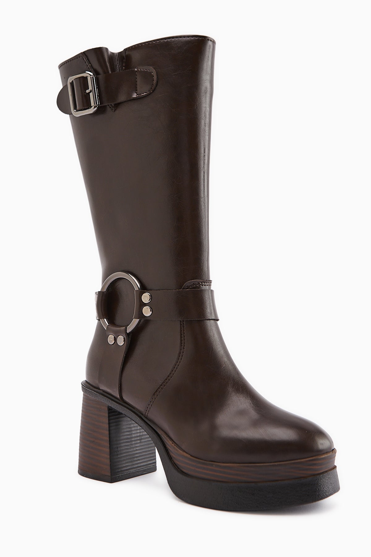 Beris – Brown Buckle-Detail Platform Knee-High Boot (Women)