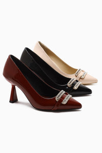 Ania Black Patent Pointed Toe Stone Detail Women’s Heeled Shoes
