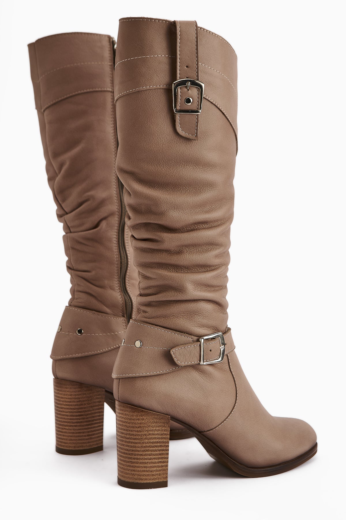 Ting Genuine Leather – Taupe Buckle-Detail Heeled Knee-High Boot (Women)