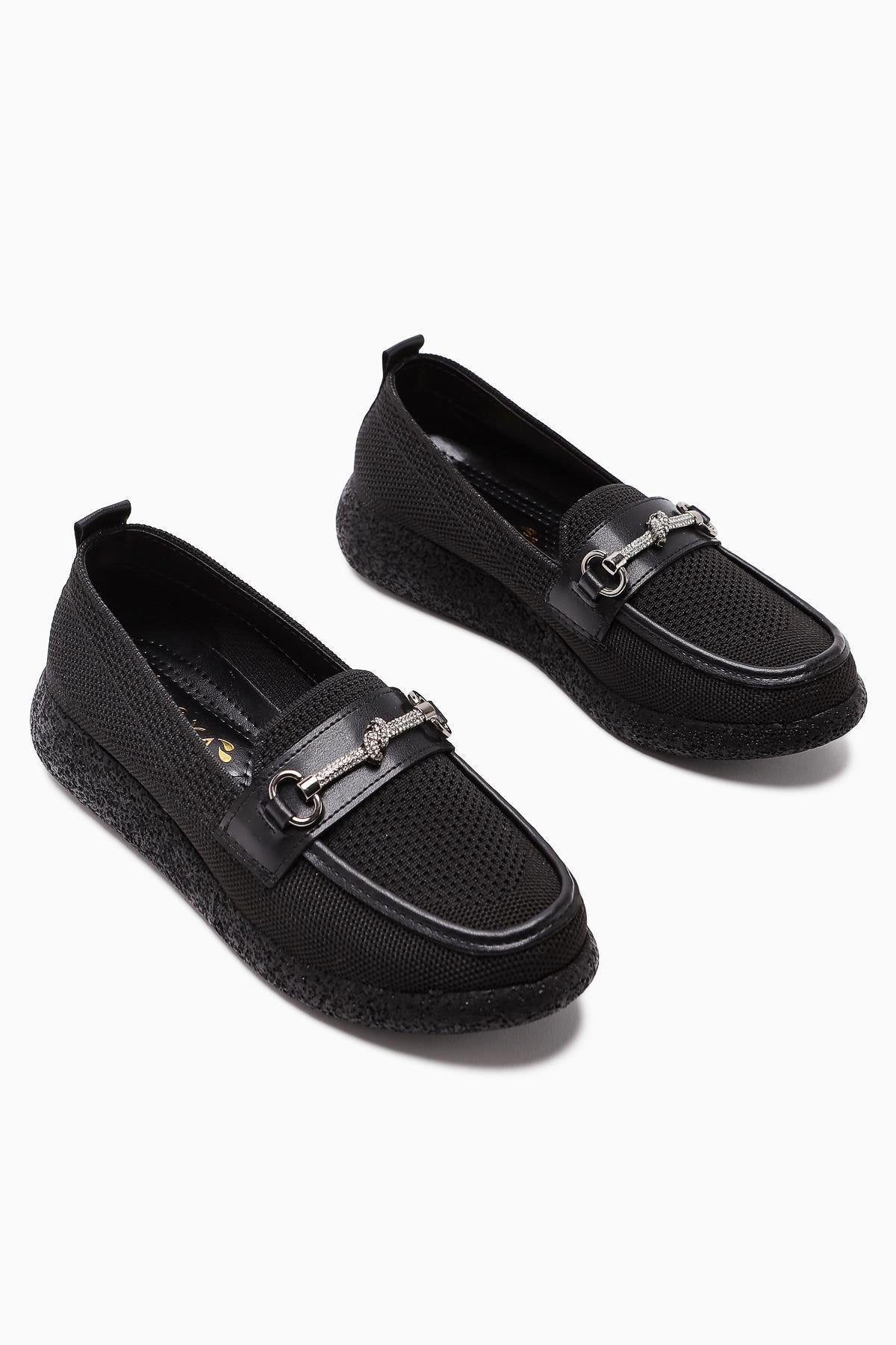 Alea Black Woven Women's Shoe with Rhinestone Buckle Detail