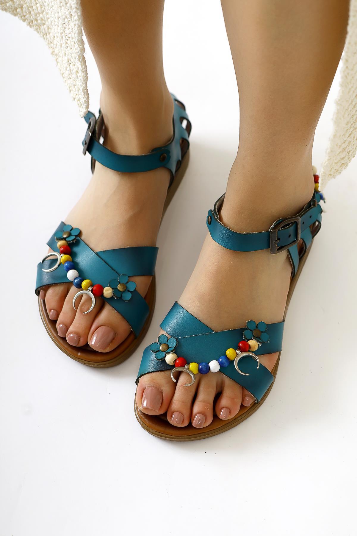 Alize Genuine Leather Turquoise Sandals with Bead and Leaf Details