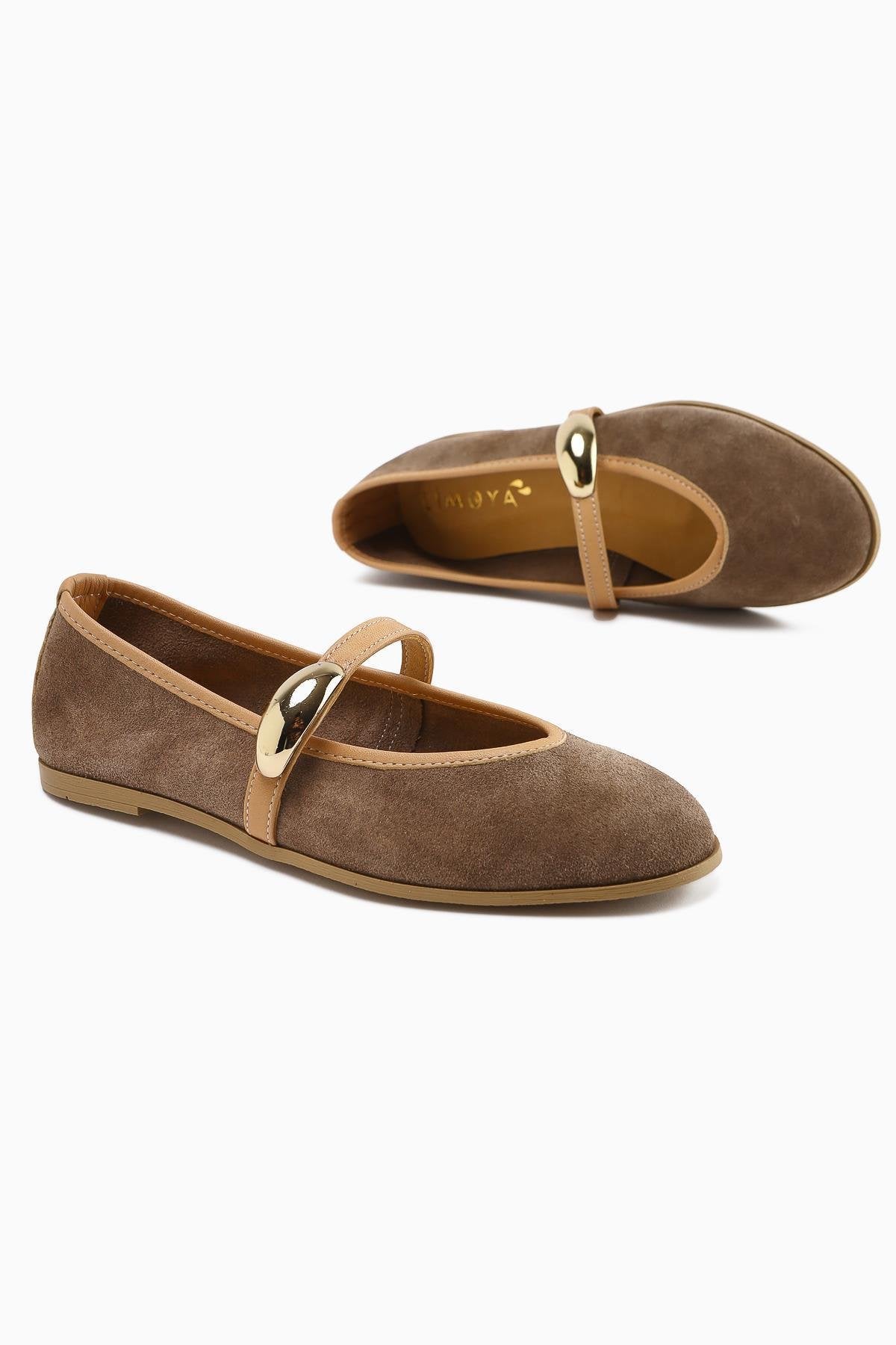 Aliana Genuine Leather – Taupe Suede Buckle-Detail Ballet Flat (Women)